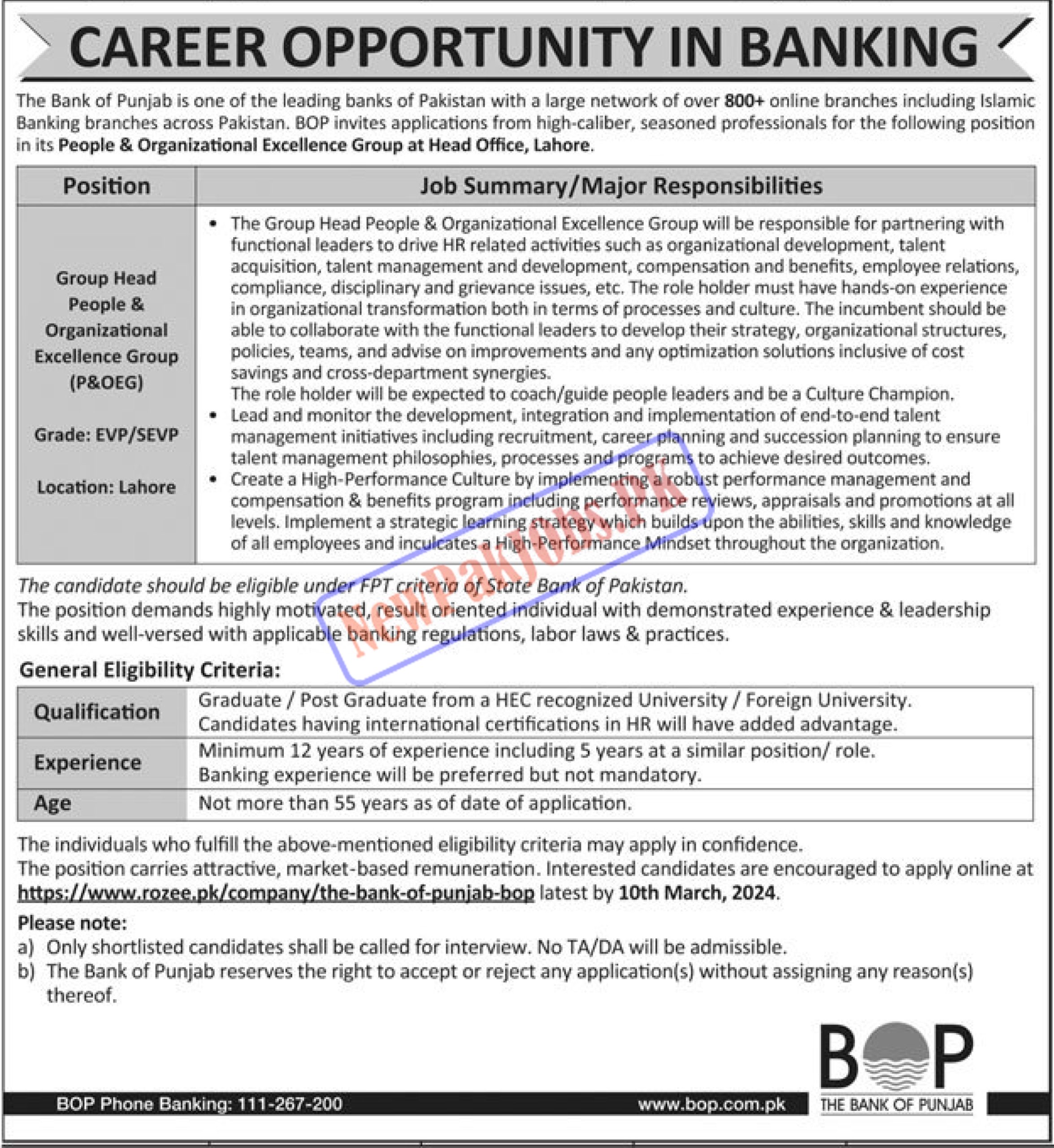 Bank of Punjab BOP Head Jobs 2024 BOP Career Online Apply