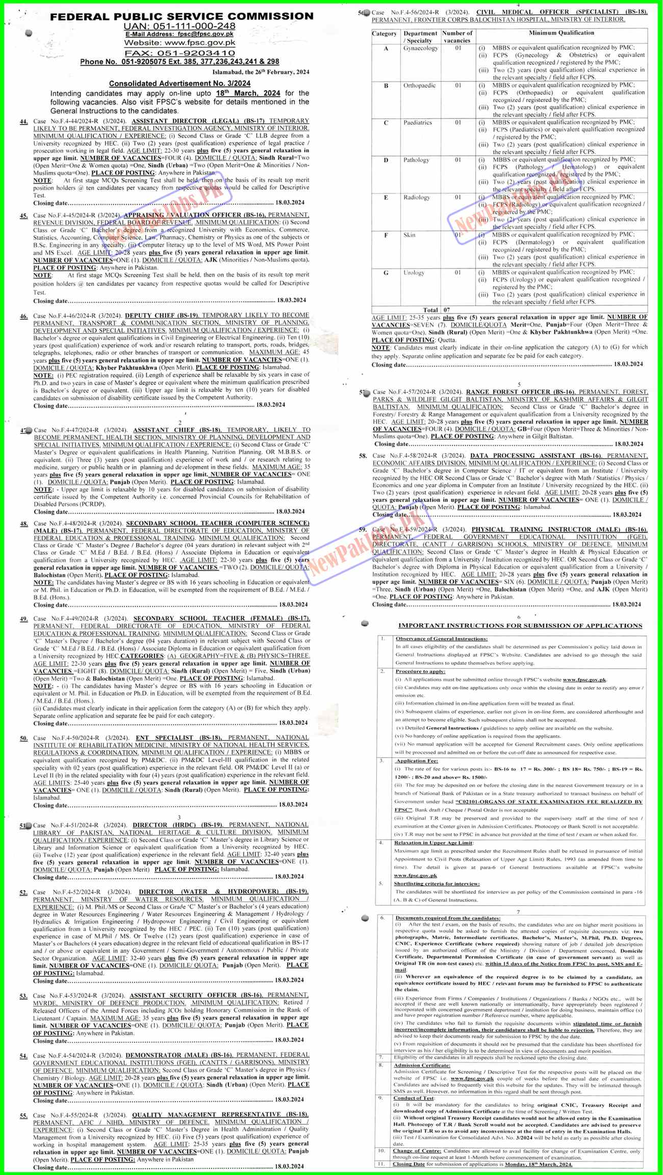 FPSC Jobs 2024 Online Apply