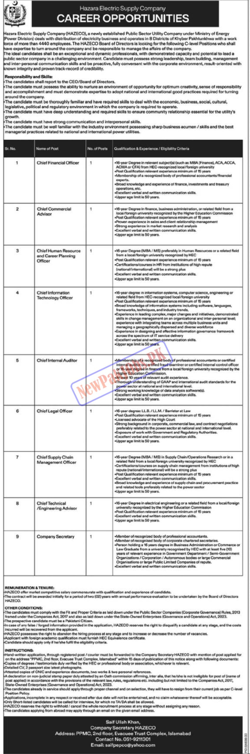 Hazara Electric Supply Company HAZECO Jobs 2024