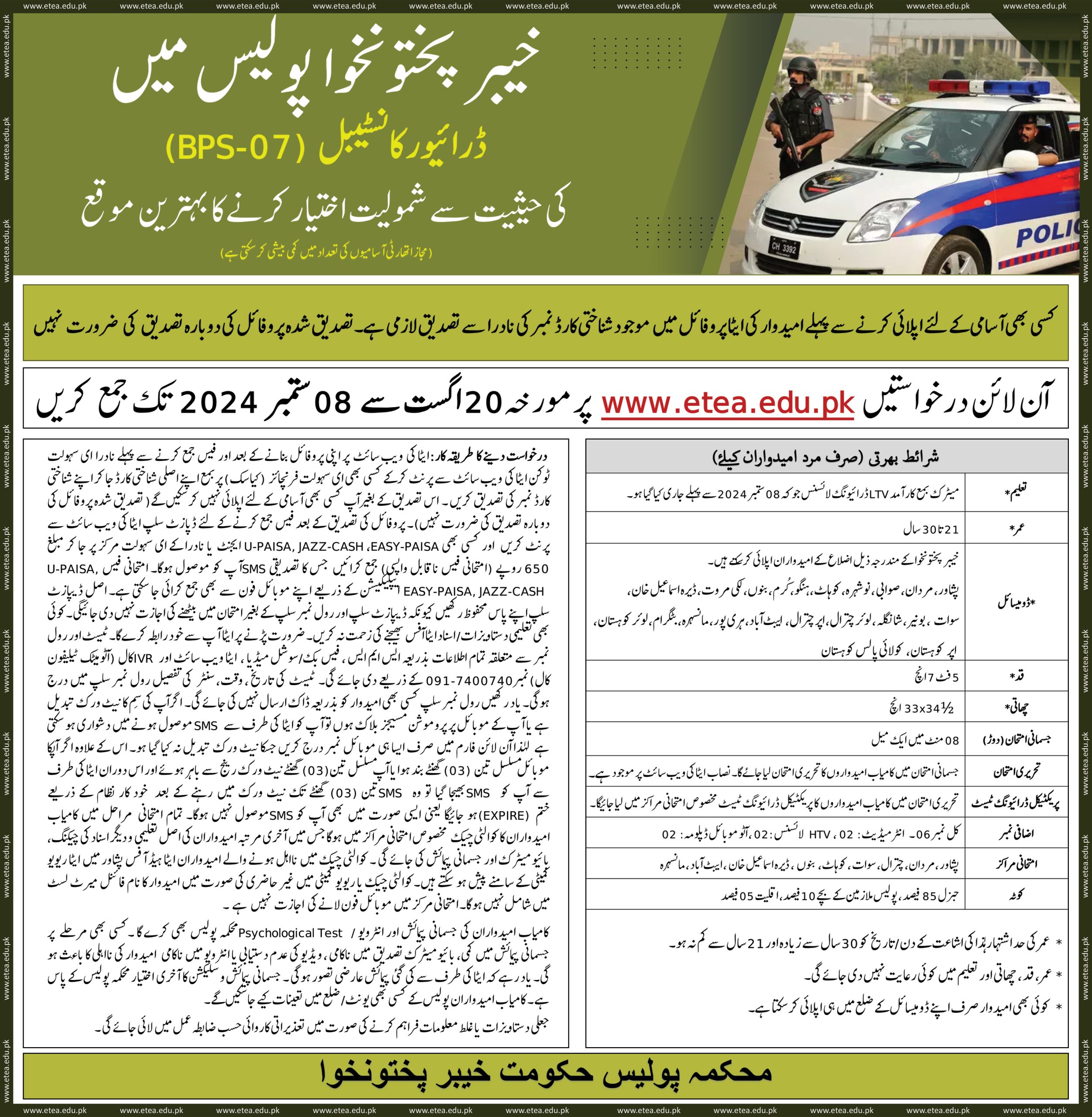 KPK Police Announces Multiple Jobs Through ETEA (3000+ Vacancies) New