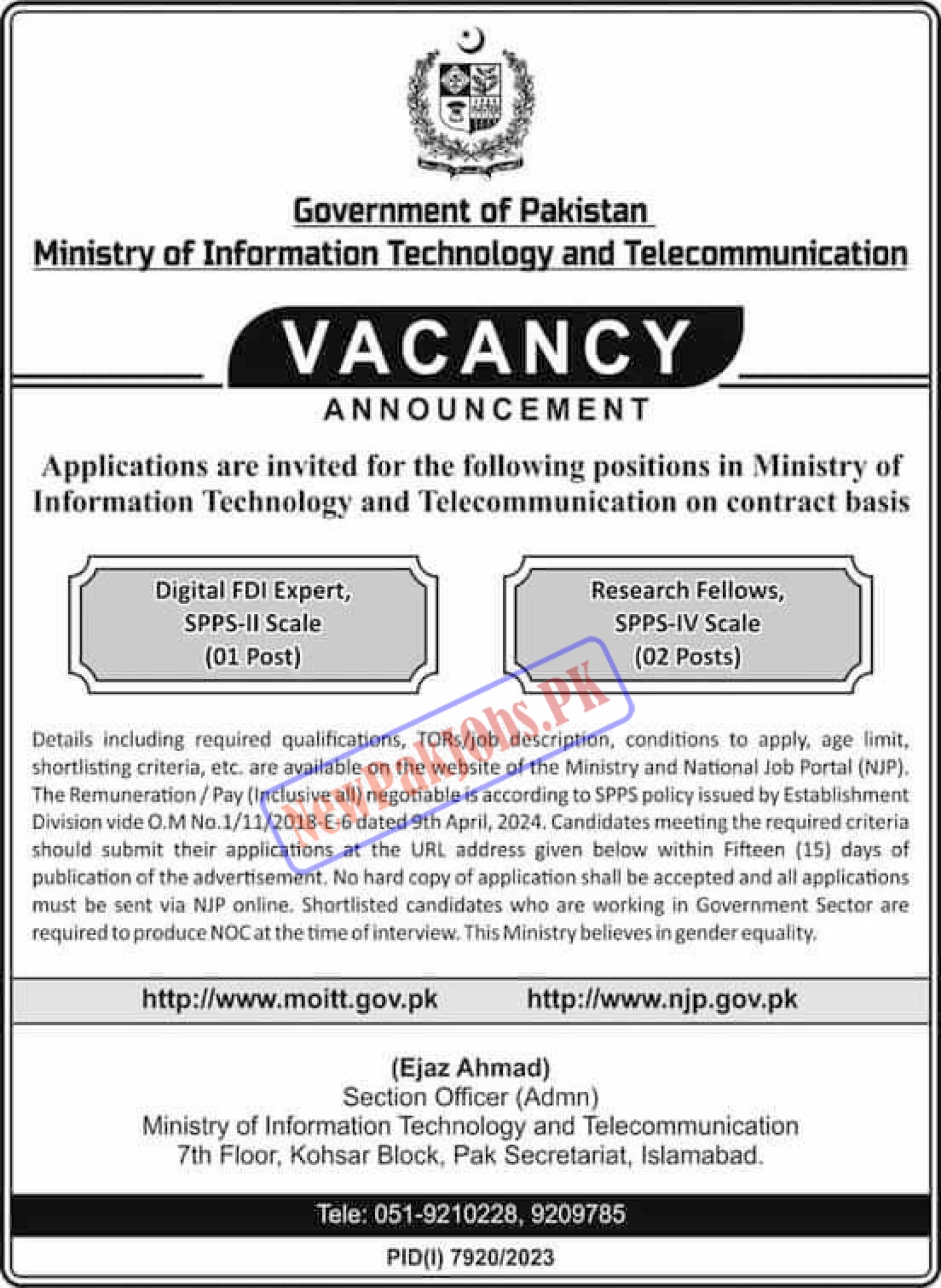 Ministry of IT and Telecommunication MOITT Jobs June 2024