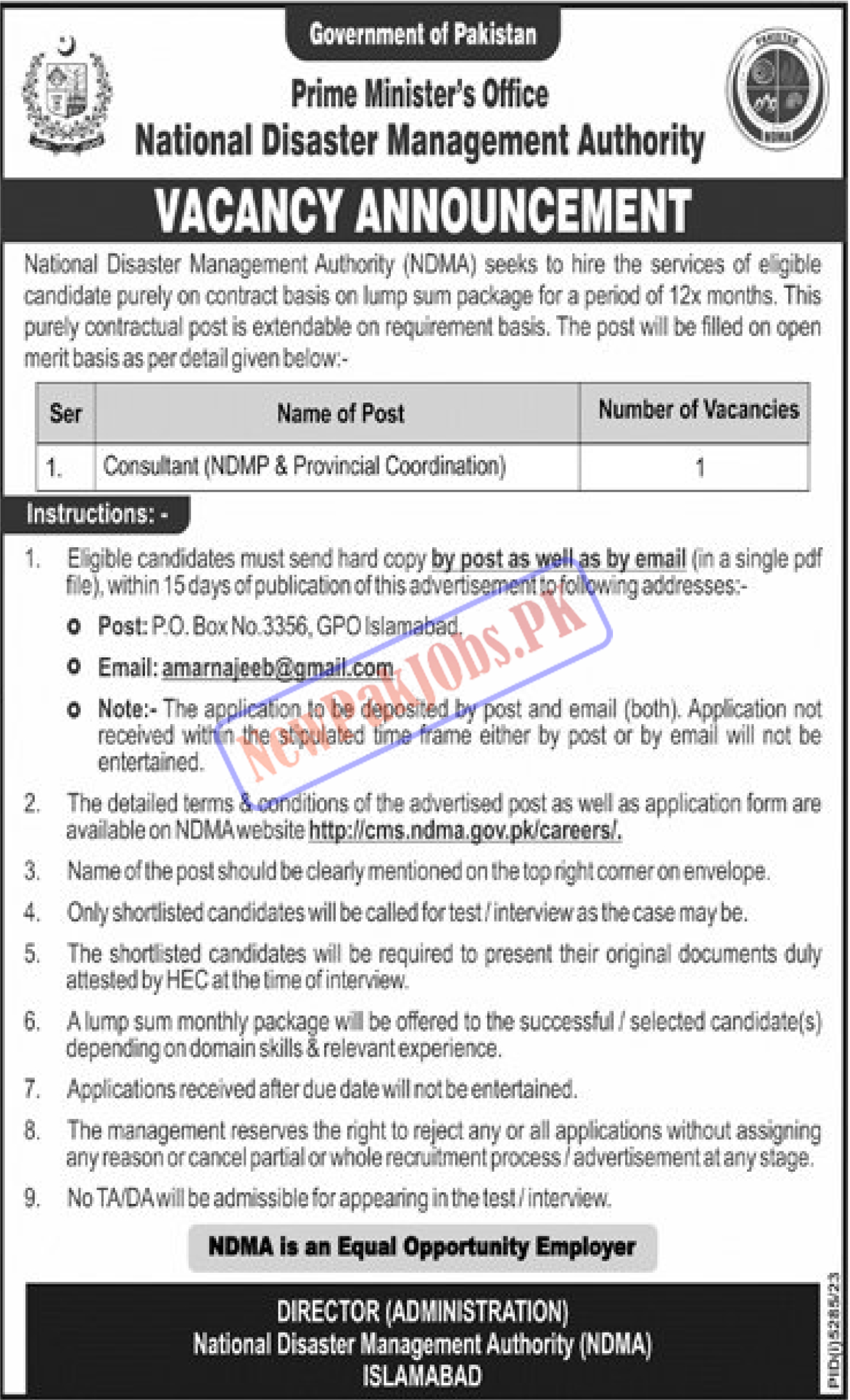 National Disaster Management Authority New NDMA Jobs 2024