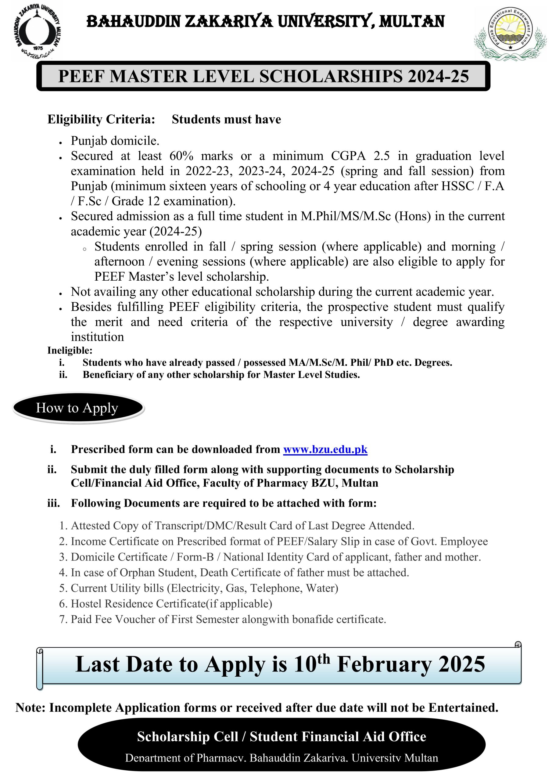 PEEF Master Level Scholarships 2025 Form at www.bzu.edu.pk