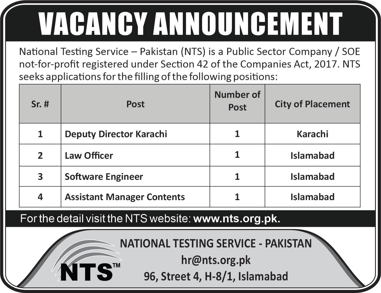 Pakistan National Testing Service NTS MAY Jobs 2024 Online Application