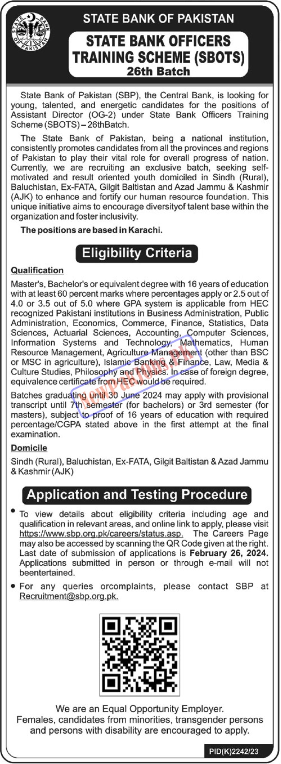 State Bank Officers Training Scheme (SBOTS) 26th Batch 2024