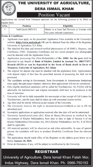 University of Agriculture Dera Ismail Khan Jobs 2025 Application Form