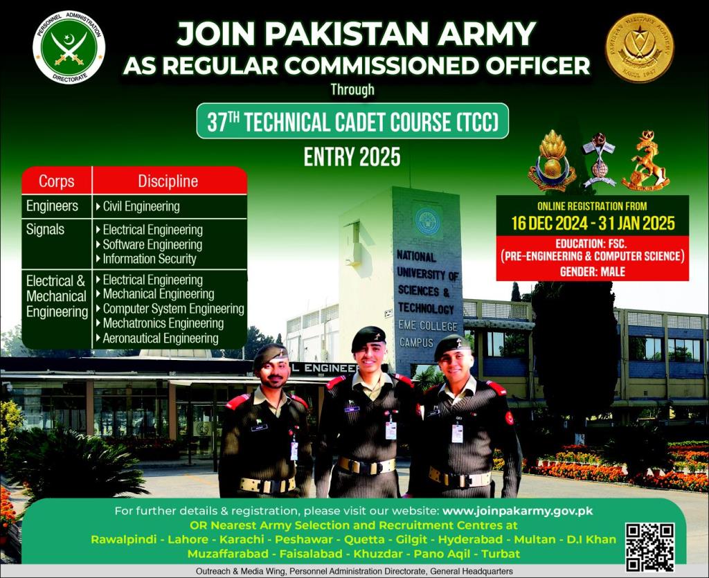 Join Pakistan Army Jobs as Regular Commissioned Officers through 37th TCC Entry 2025