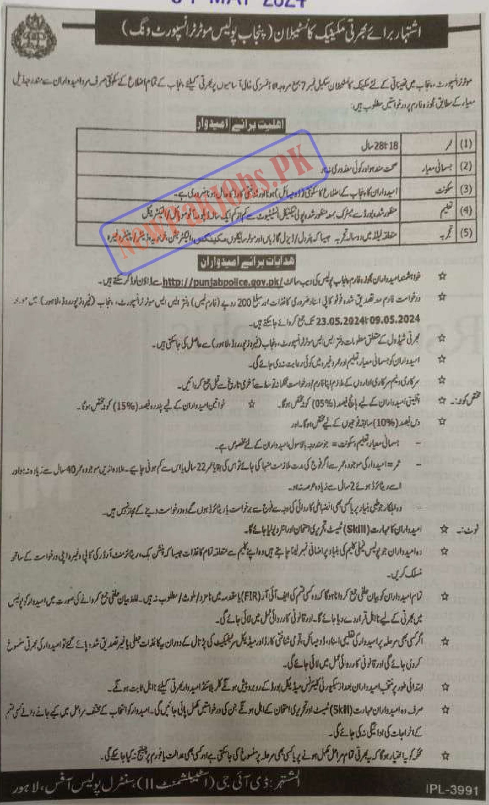 Punjab Police Jobs May 2024 Form