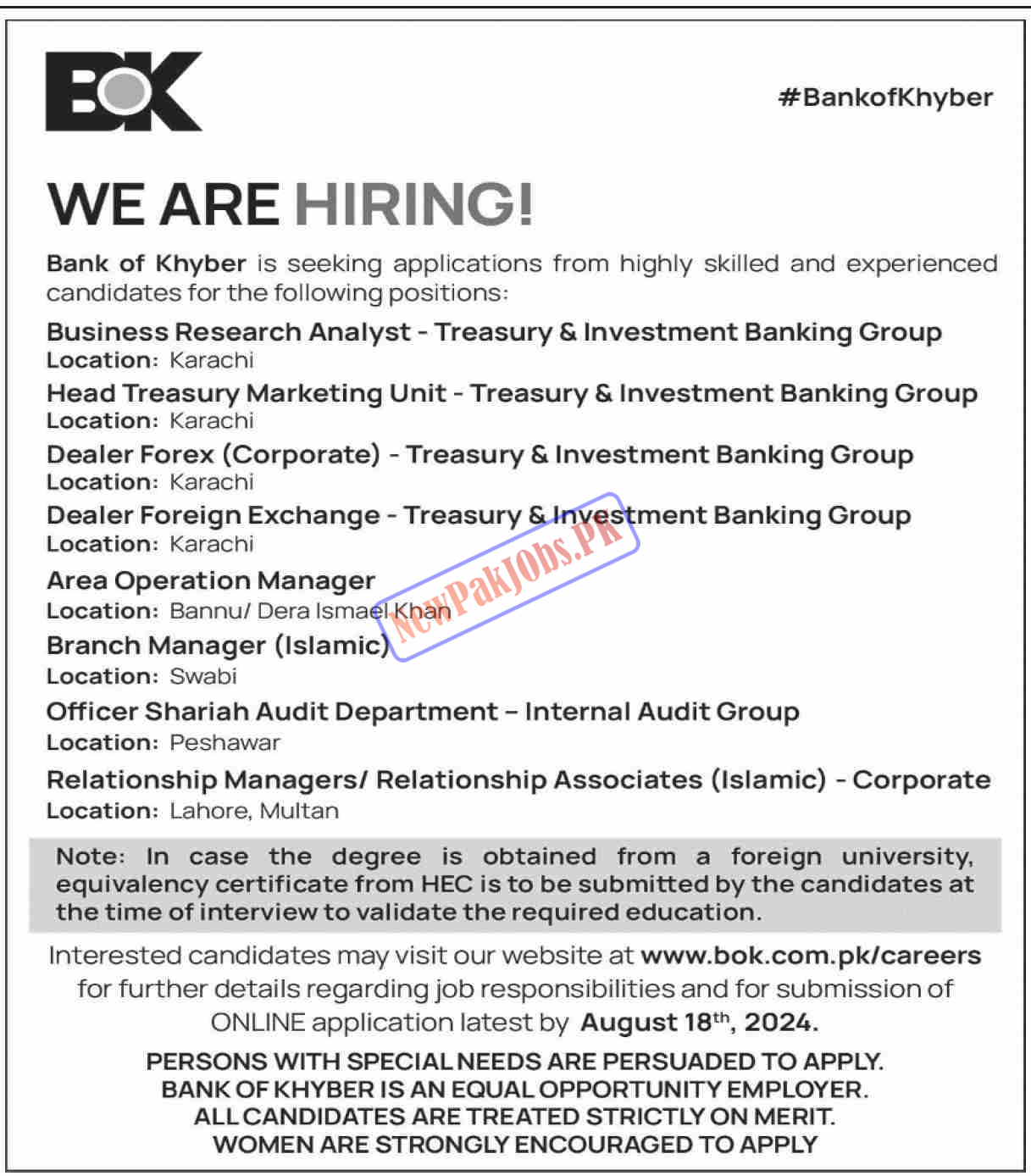 Bank of Khyber BOK Jobs 2024 BOK Advertisement Apply at www.bok.com.pk