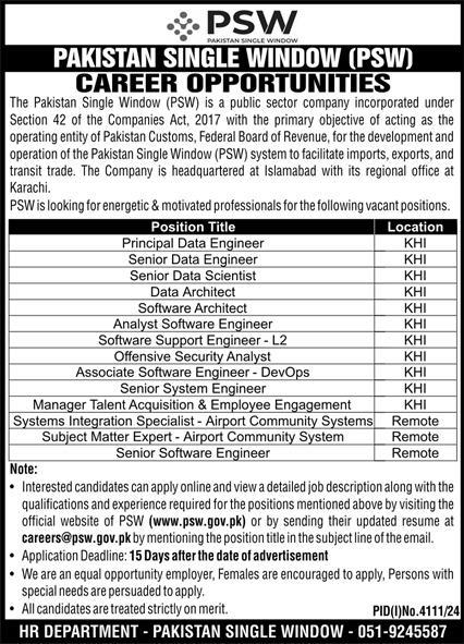 Pakistan Single Window PSW Jobs 2025 PSW Advertisement Online Apply