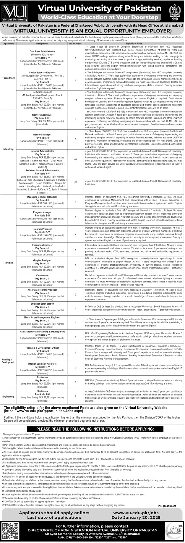 Pakistan Virtual University VU Jobs 2025 www.vu.edu.pk