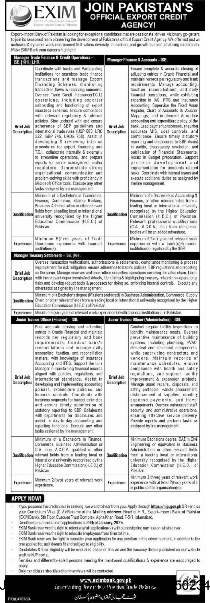 EXIM Bank of Pakistan Jobs 2025 EXIM Bank Careers