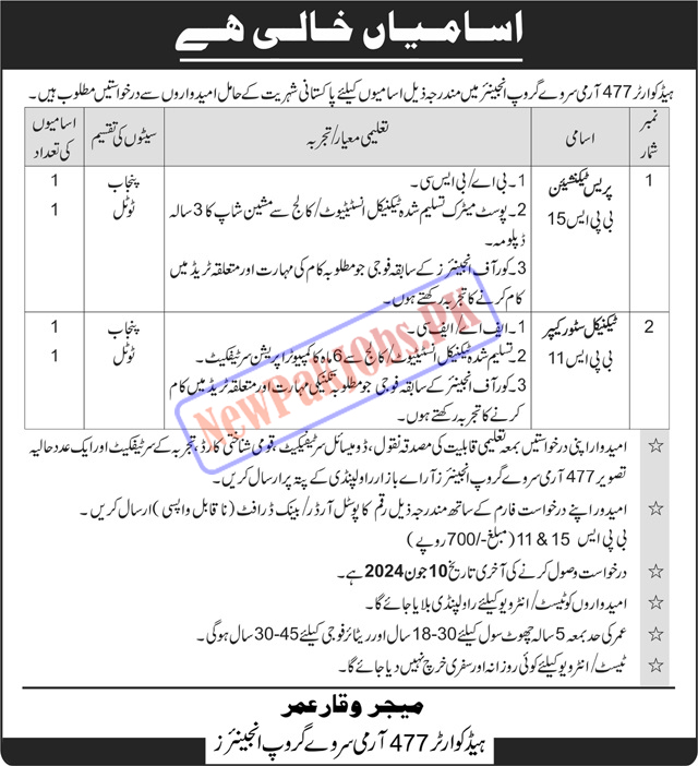 Pakistan Army Headquarters 477 Survey Engineer Group Jobs 2024