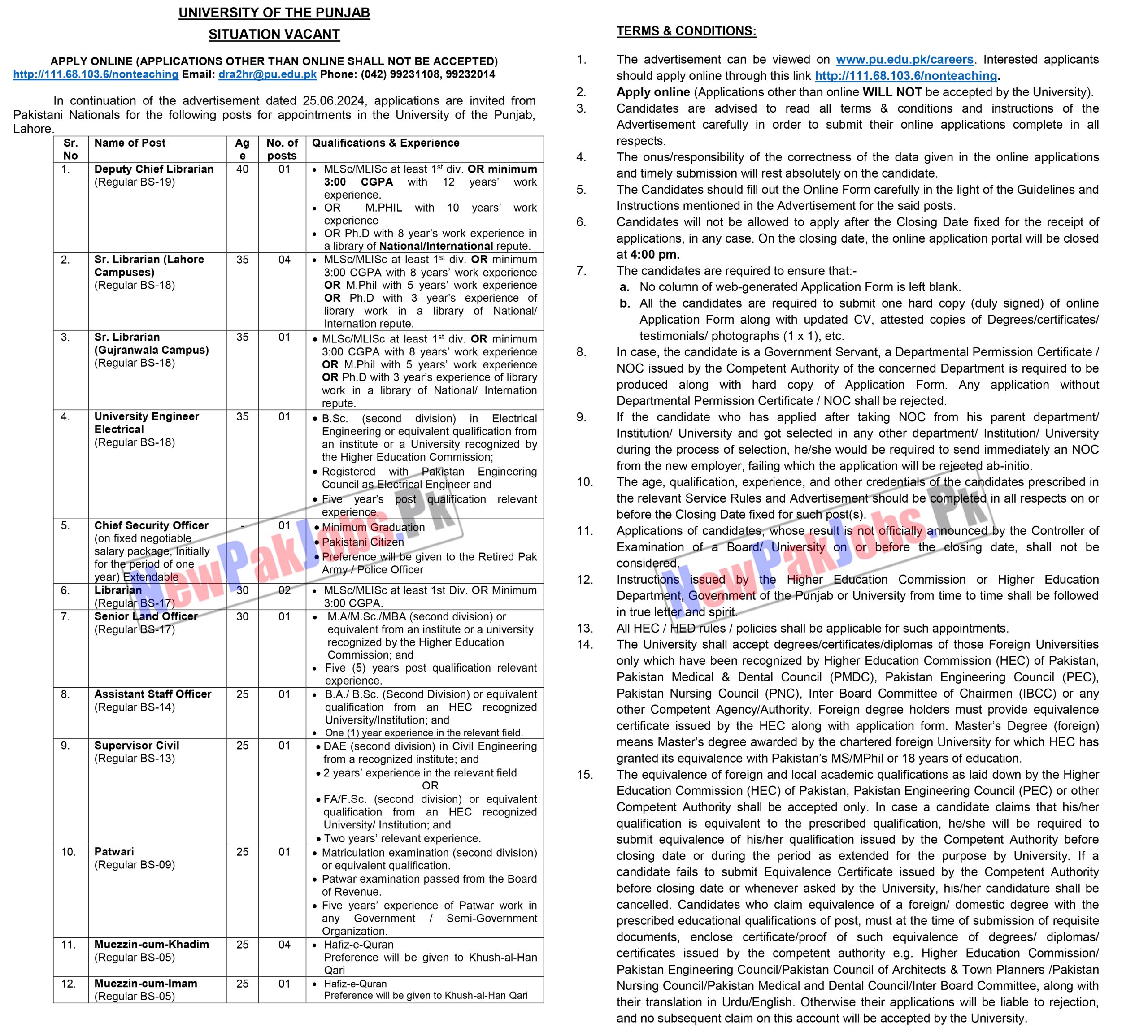 Punjab University PU Lahore Jobs 2024