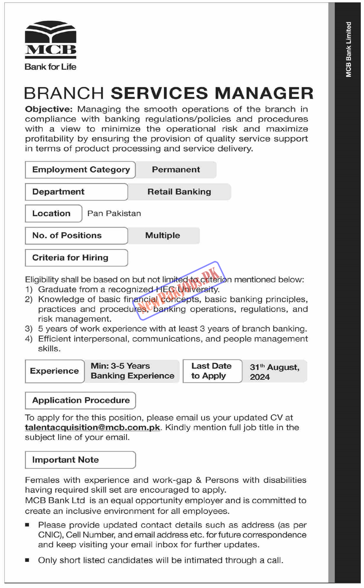 MCB Jobs 2024 MCB Bank Pakistan Careers Send Online Applications