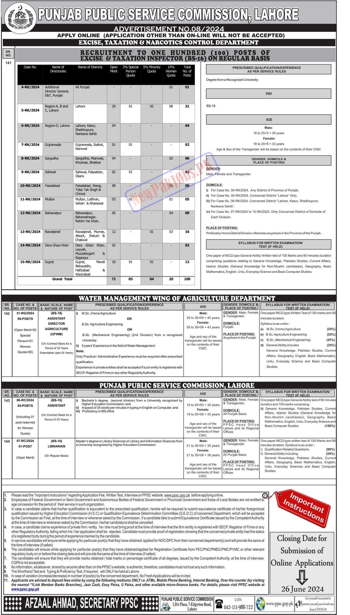 PPSC Advertisement No 08 Jobs 2024 PPSC Excise & Taxation Inspector Jobs