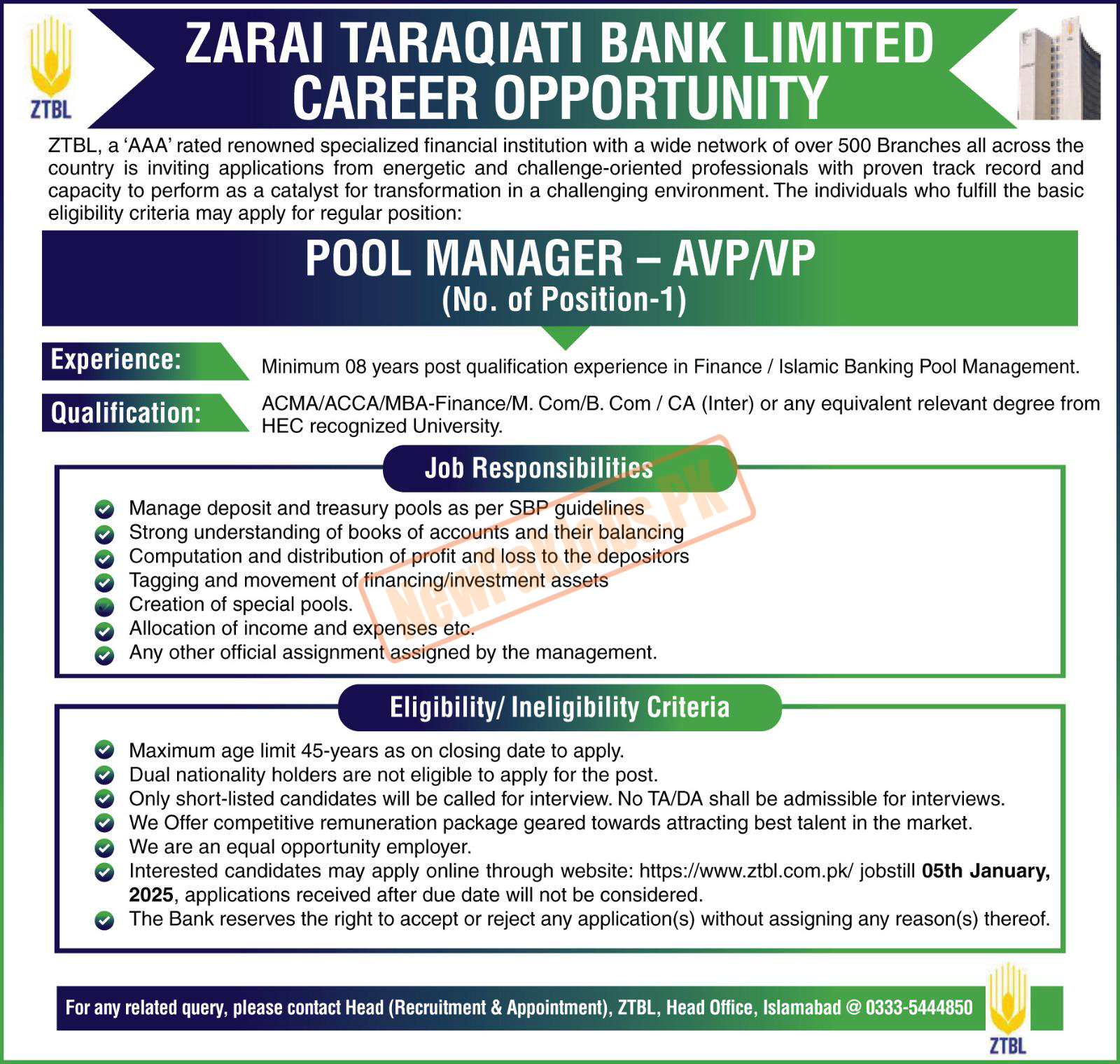 Zarai Taraqiati Bank Limited ZTBL Jobs 2025