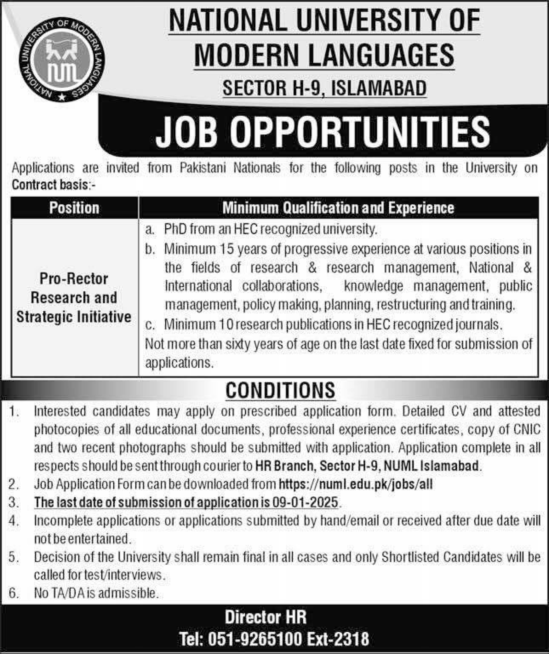 NUML University Islamabad Jobs New 2025