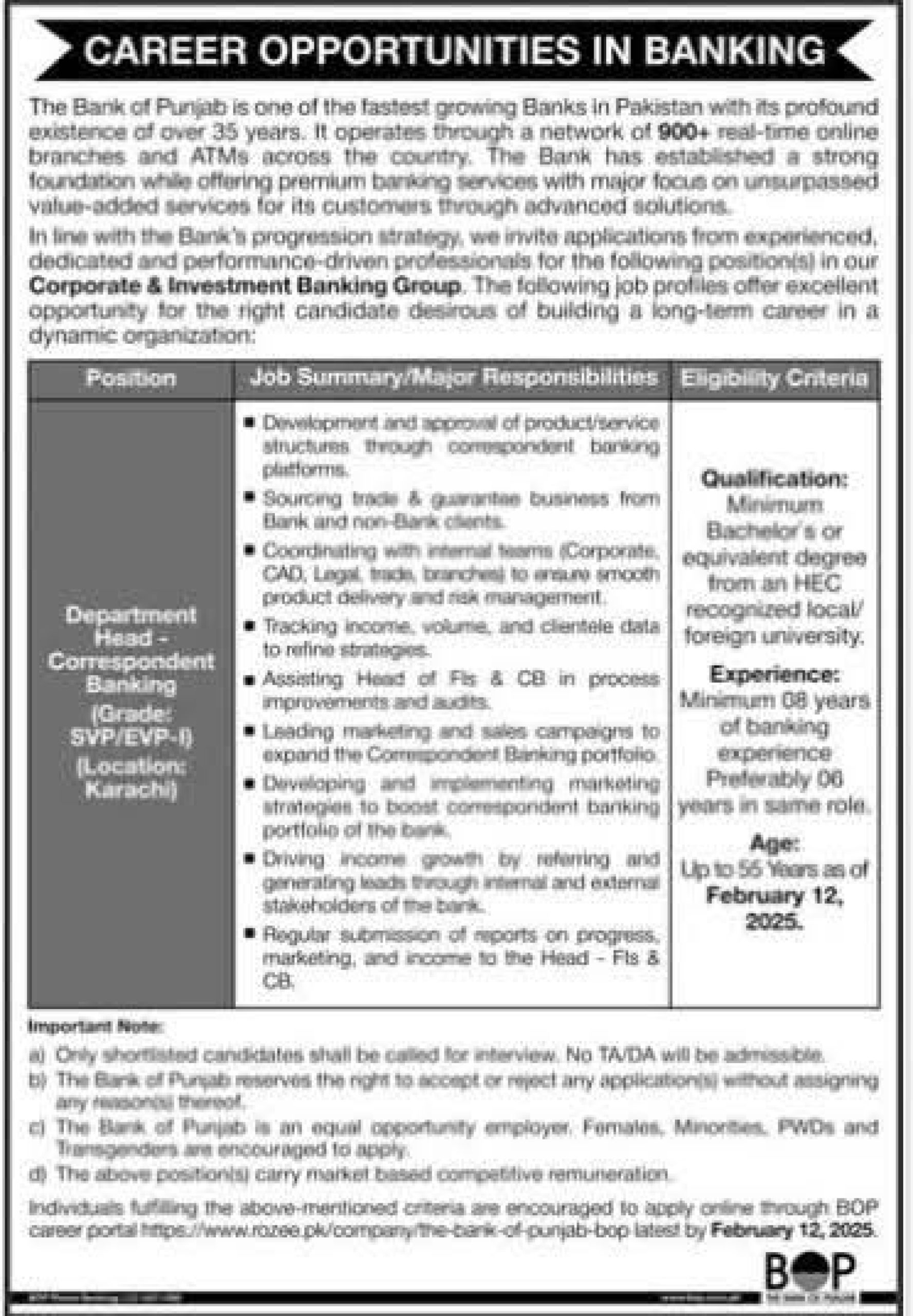 Bank of Punjab BOP Jobs 2025 for Head of Department