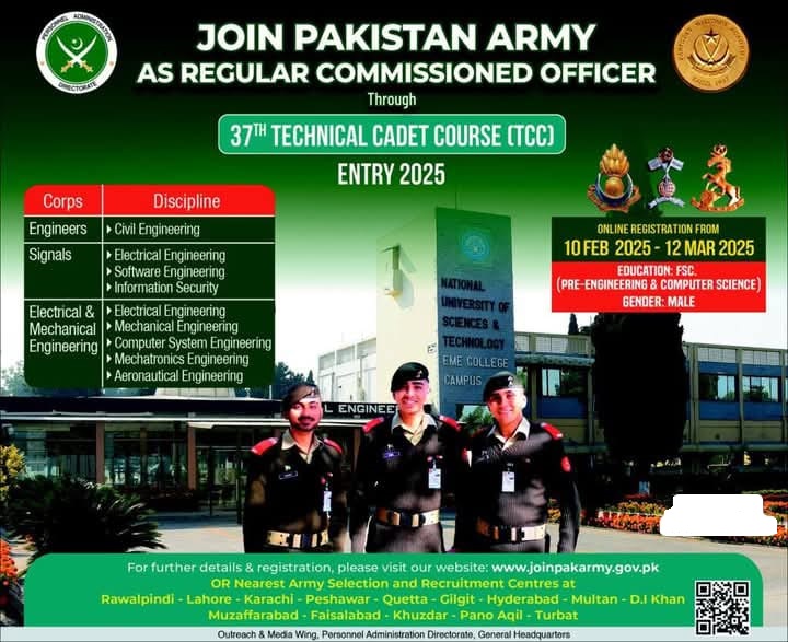 Join Pakistan Army Jobs as Regular Commissioned Officers through 37th TCC Entry 2025 New Pak Jobs