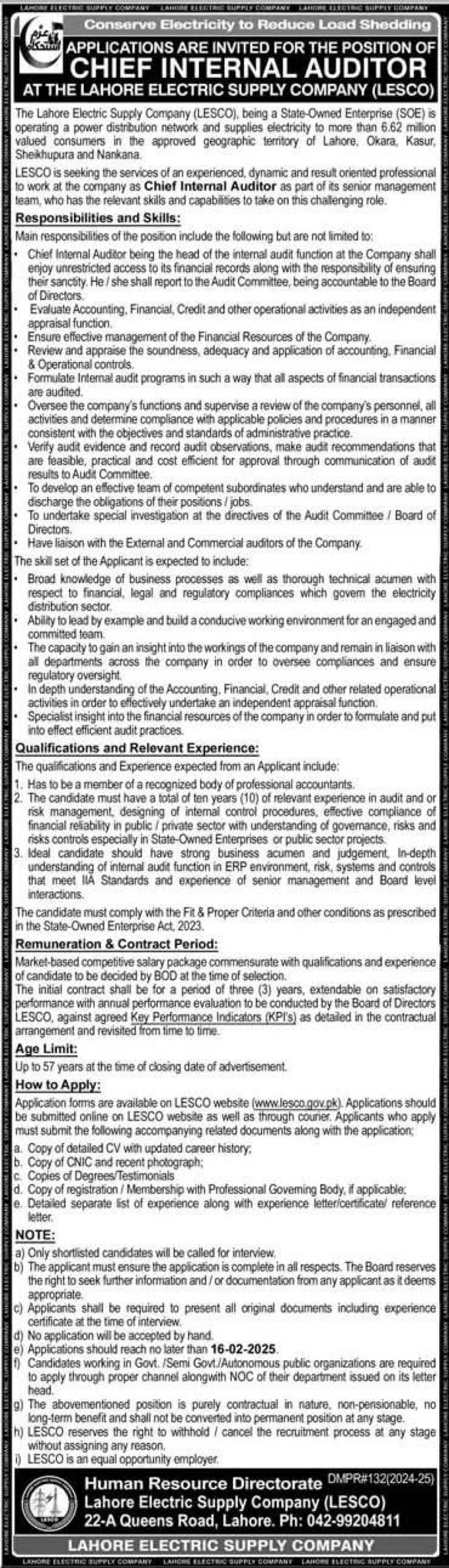 Lahore Electric Supply Company LESCO Jobs February 2025