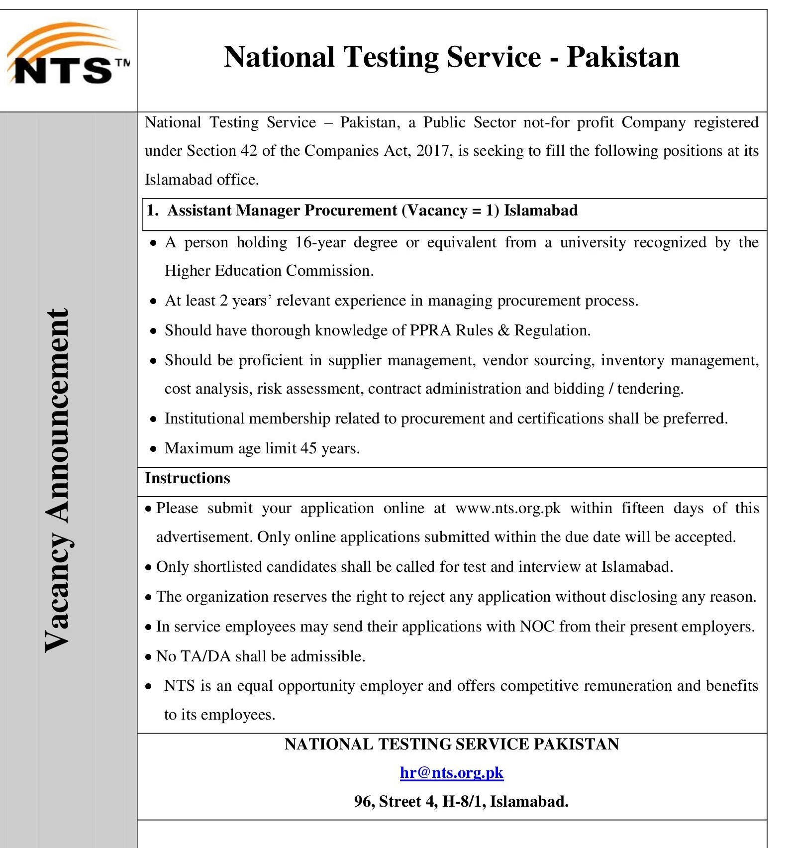 National Testing Service New NTS Pakistan Jobs 2025 Online Apply