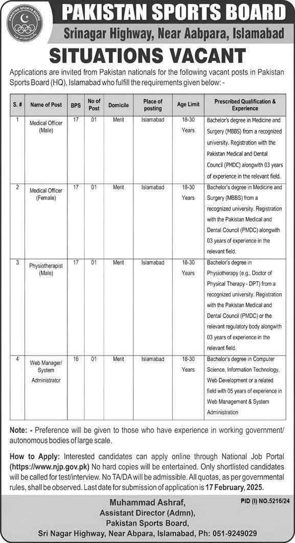 latest Pakistan Sports Board Jobs 2025